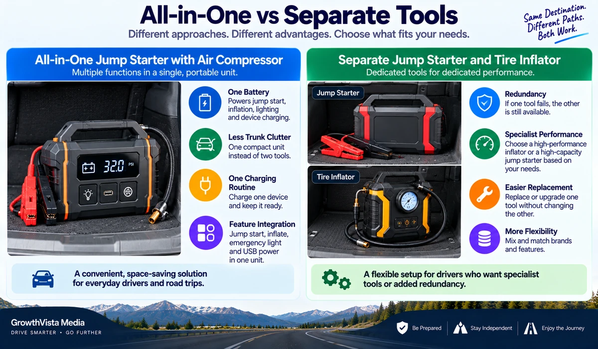 All-in-one jump starter with air compressor versus separate tools