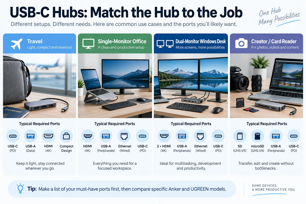 Anker and UGREEN USB-C hub use-case map