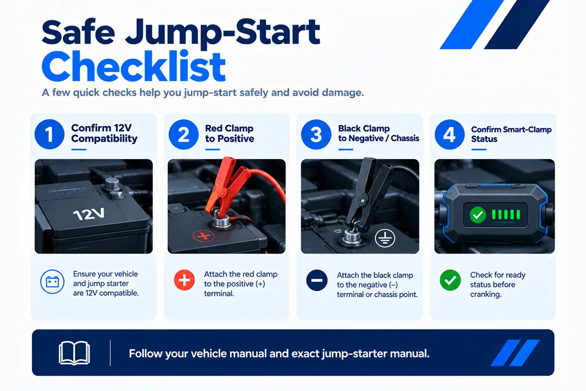AstroAI and GOOLOO safe jump-start checklist