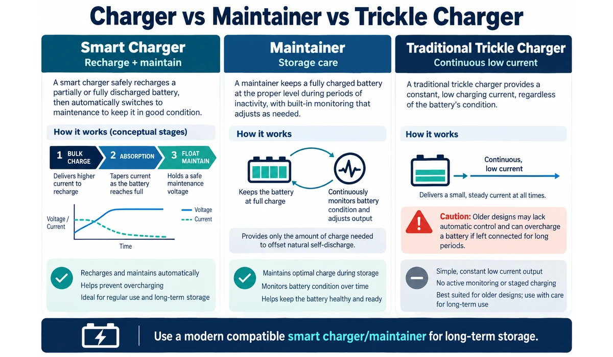 Battery charger vs maintainer vs trickle charger comparison