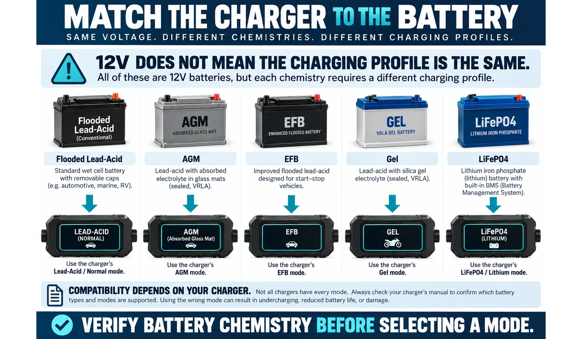 Lead acid AGM EFB gel and lithium battery charger compatibility guide