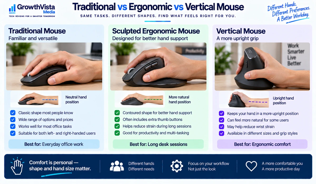 Traditional ergonomic and vertical mouse comparison