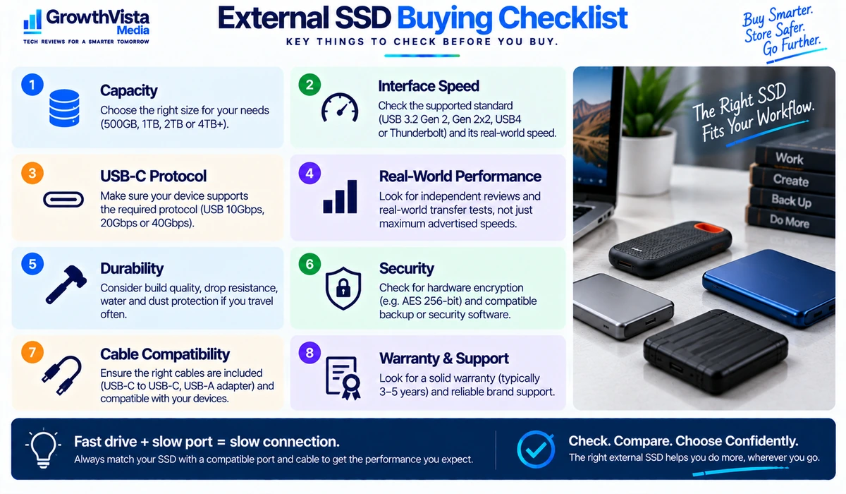 External SSD buying checklist for speed capacity and compatibility