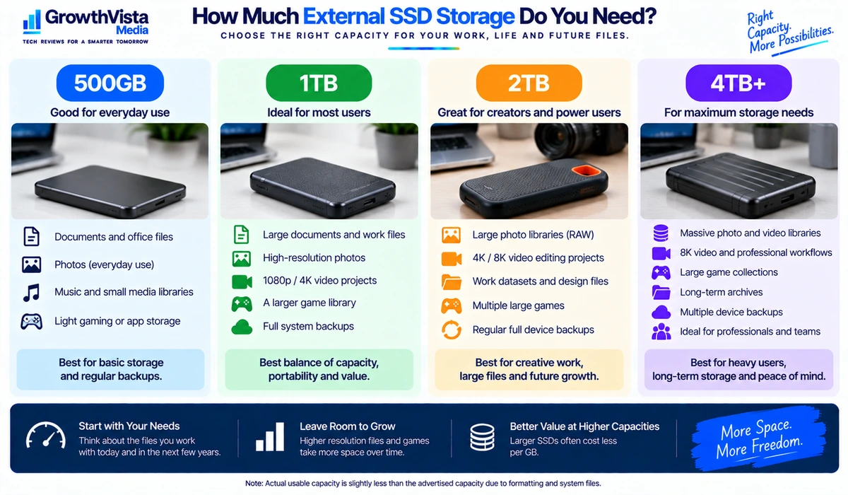 External SSD capacity guide from 500GB to 4TB and above