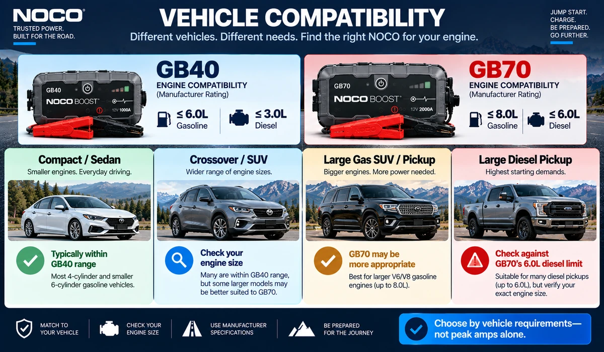 NOCO GB40 vs GB70 engine compatibility guide