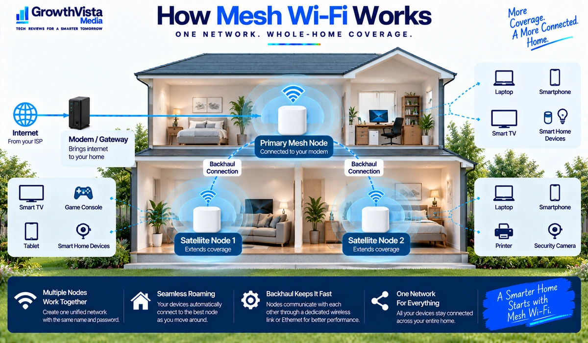 How a mesh Wi-Fi system connects primary and satellite nodes