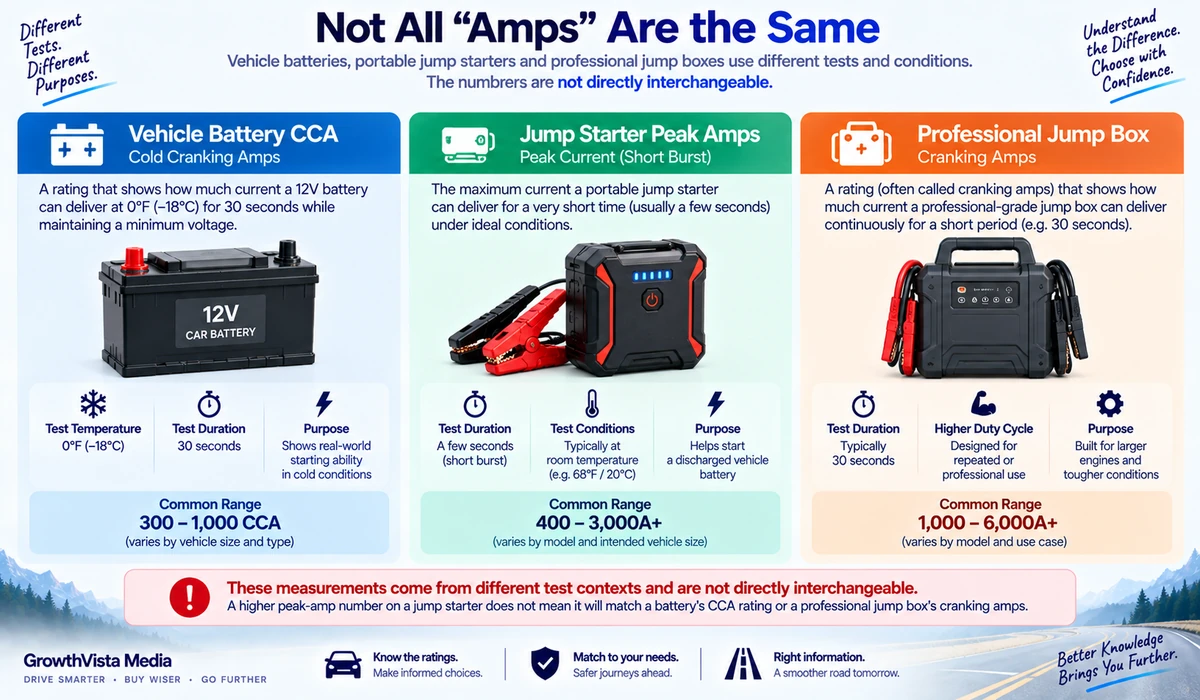 Jump starter amps explained: battery CCA, peak amps and cranking amps