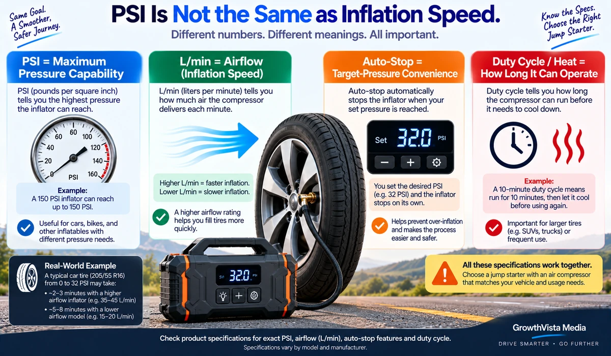 Jump starter air compressor PSI versus airflow explained