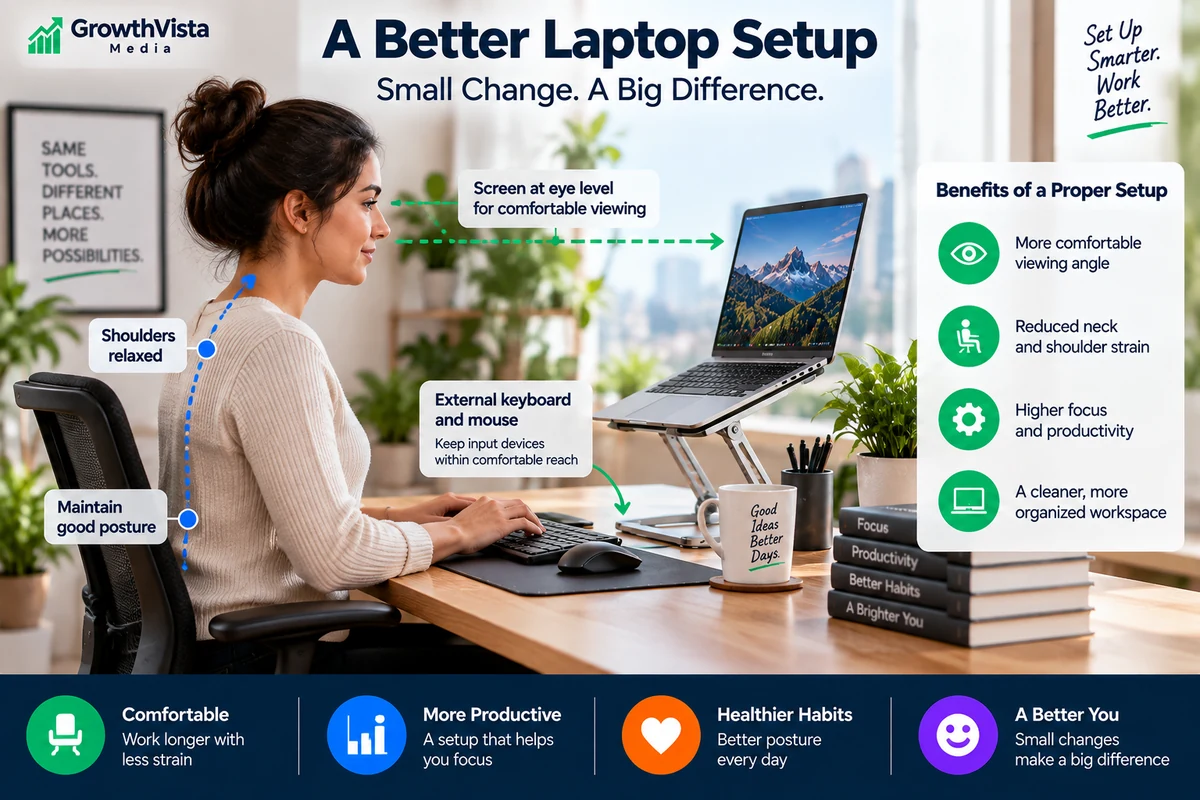Practical laptop stand desk setup with external keyboard and mouse