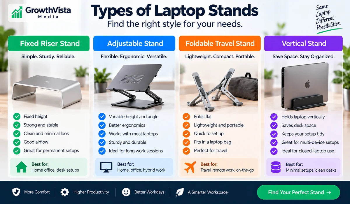 Guide to fixed, adjustable, travel and vertical laptop stand types