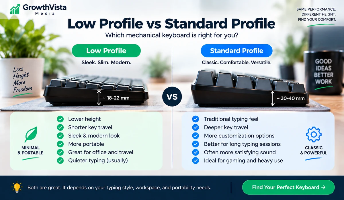 Low-profile versus standard-profile mechanical keyboard comparison