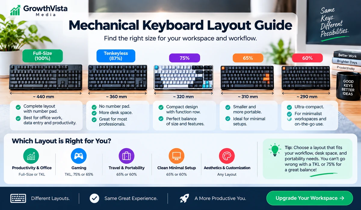 Mechanical keyboard layout guide comparing full-size, TKL, 75%, 65% and 60% layouts