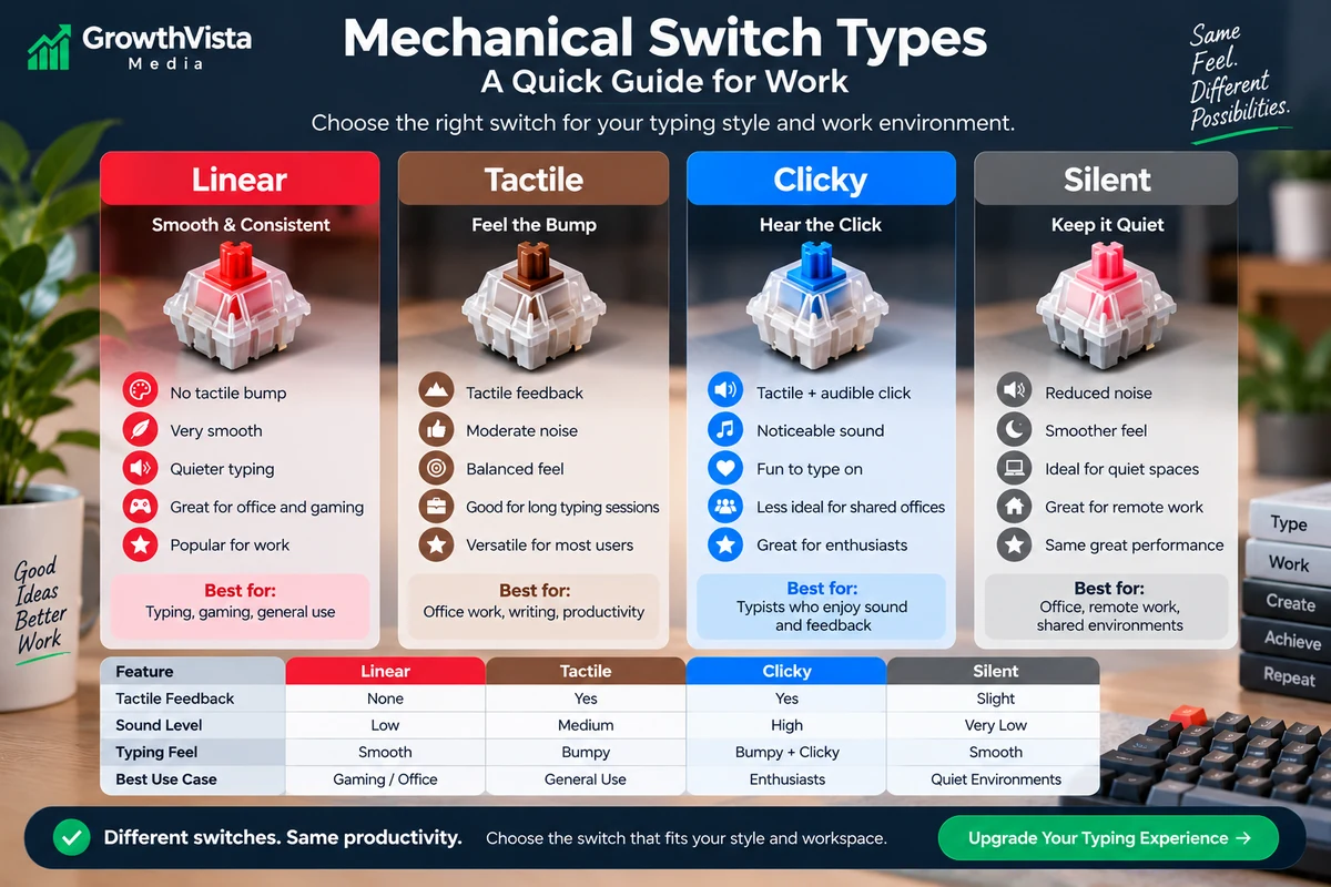 Mechanical switch types guide for work comparing linear, tactile, clicky and silent switches