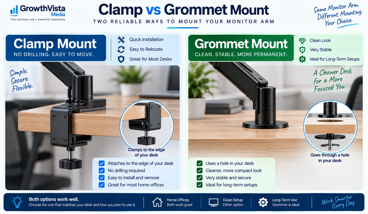 Clamp mount vs grommet monitor arm comparison