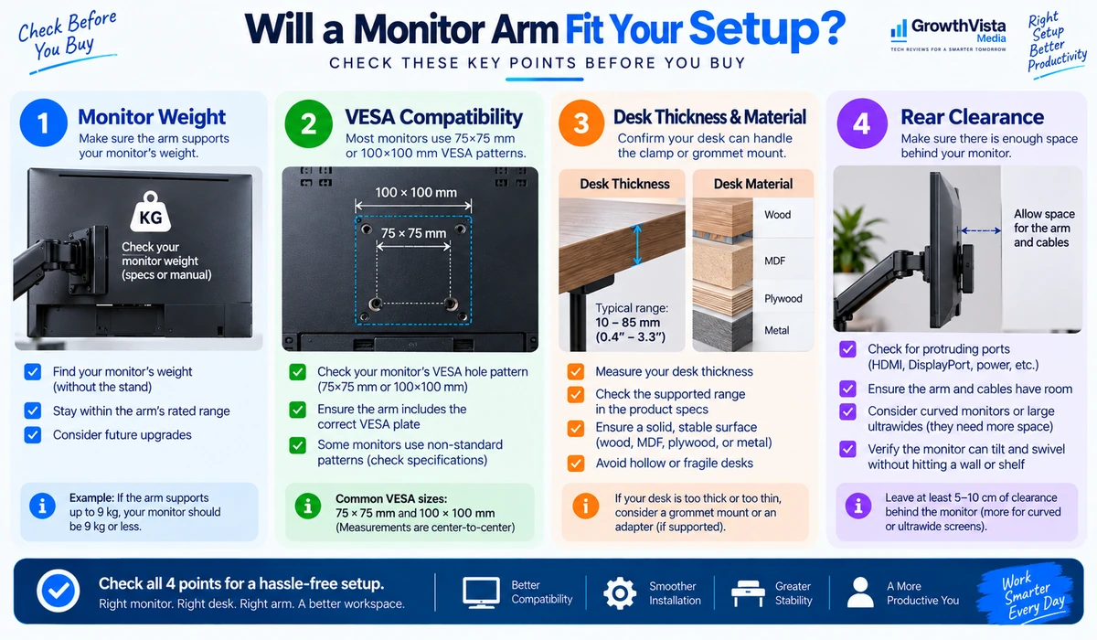 Monitor arm compatibility checklist for VESA weight and desk fit