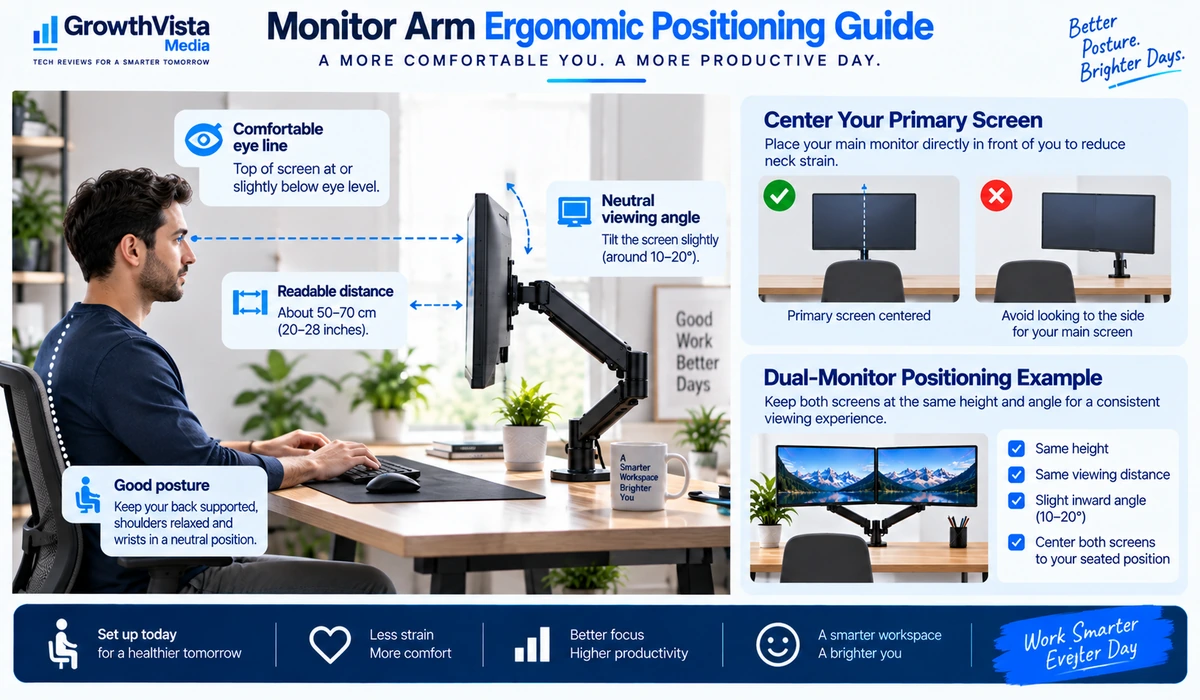 Monitor arm ergonomic positioning guide for a home office