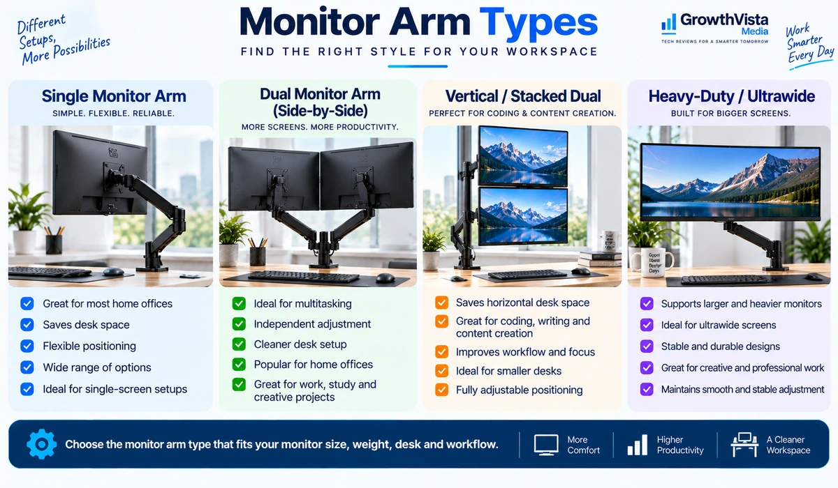 Single dual stacked and heavy-duty monitor arm types