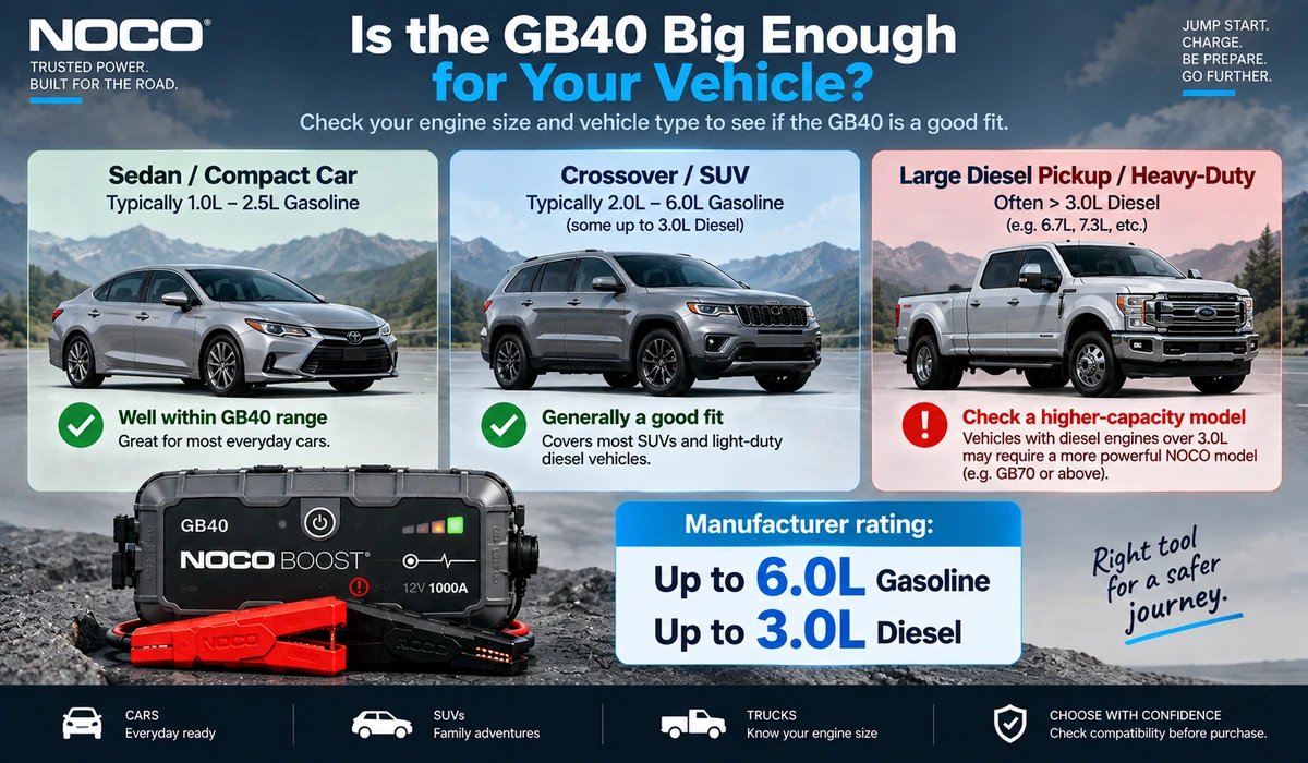 NOCO GB40 engine compatibility infographic
