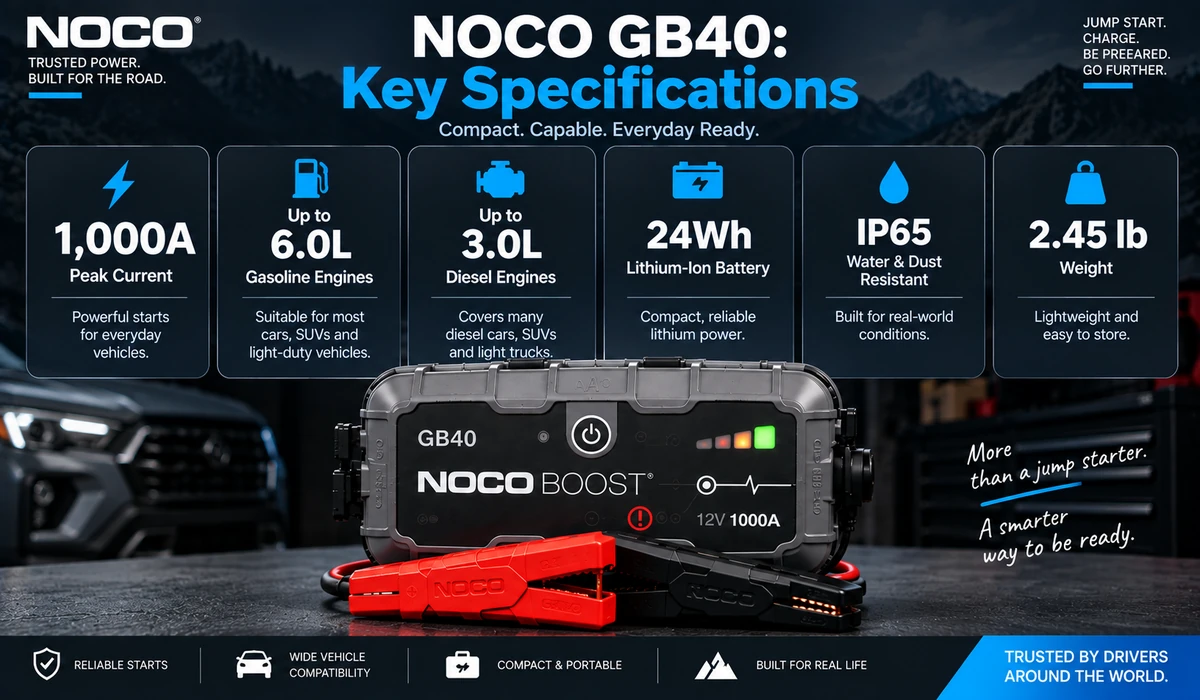 NOCO GB40 key specifications infographic