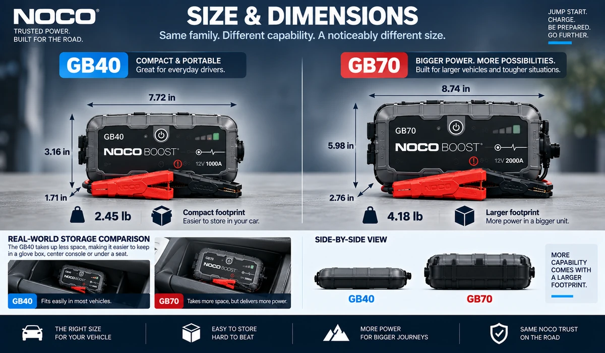 NOCO GB40 vs GB70 size and weight comparison