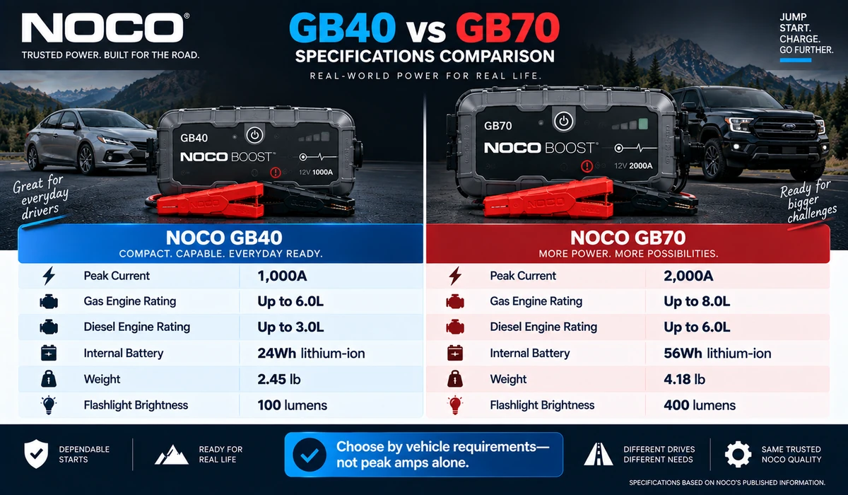 NOCO GB40 vs GB70 specifications comparison