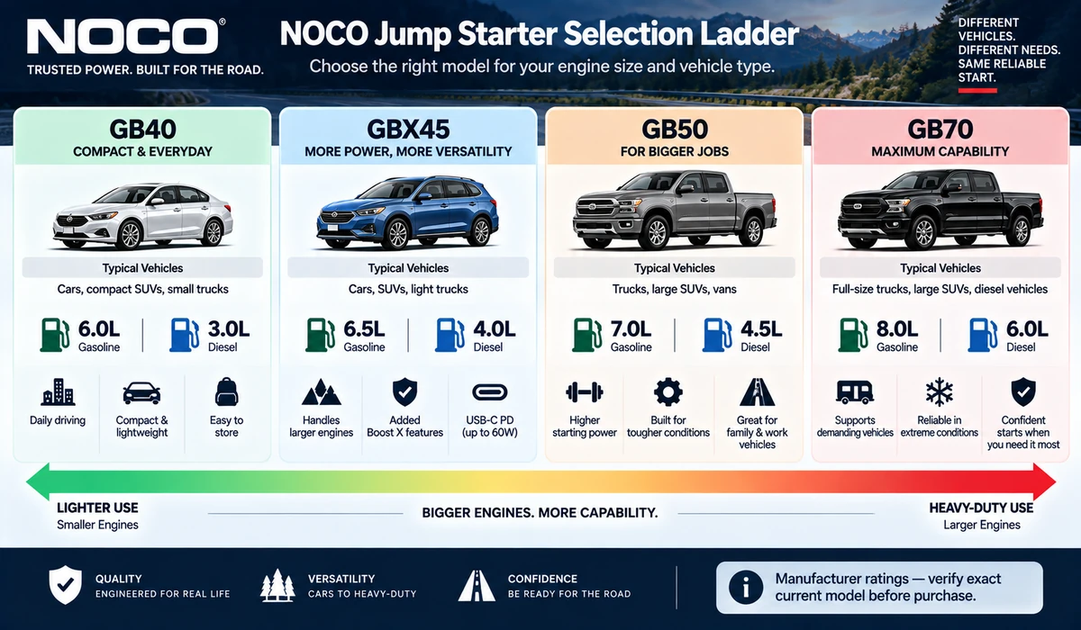 NOCO jump starter engine size selection ladder