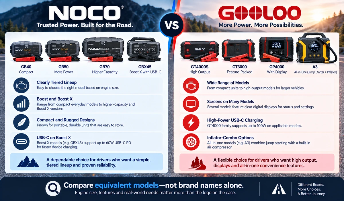 NOCO vs GOOLOO jump starters brand comparison overview