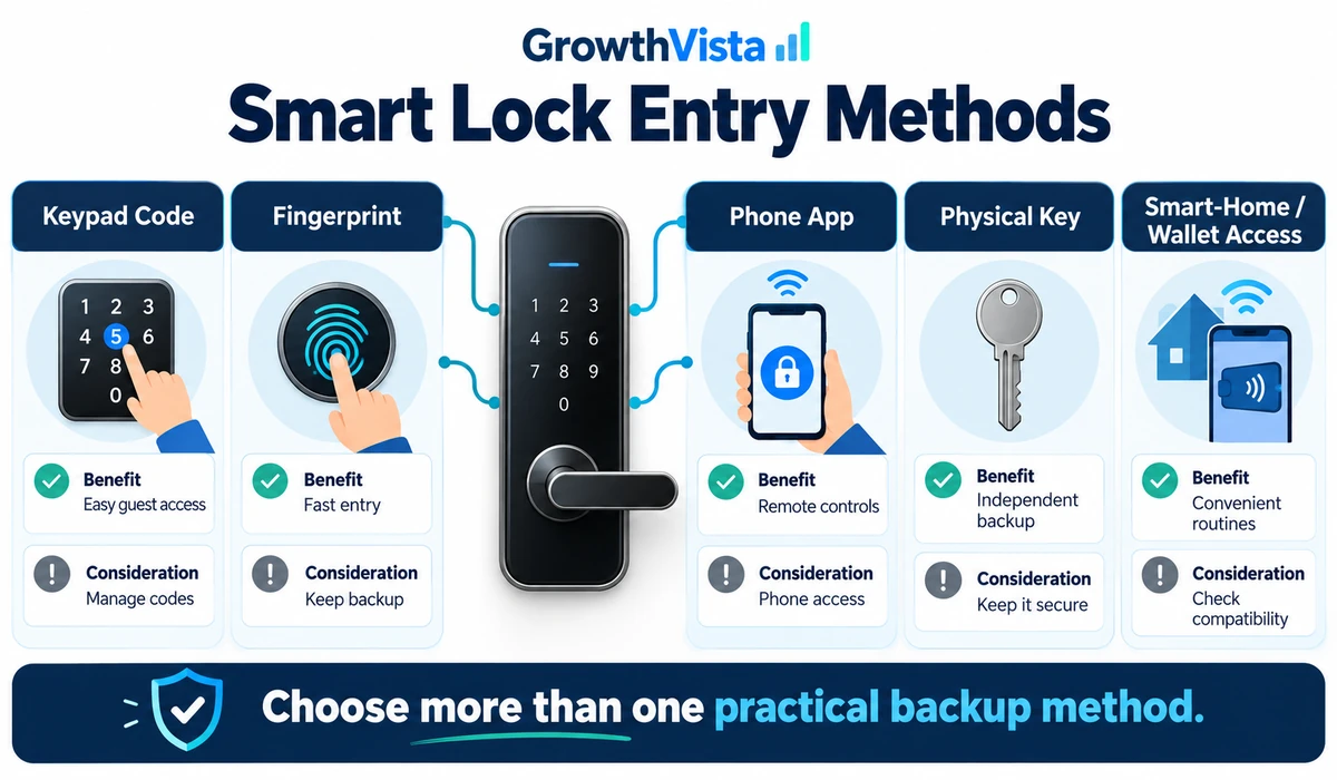 Smart lock keypad fingerprint phone and key entry methods