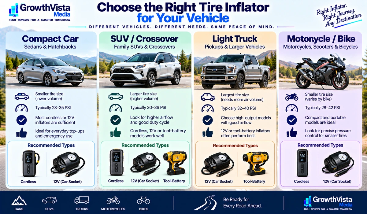 Portable tire inflator guide by car SUV and truck size