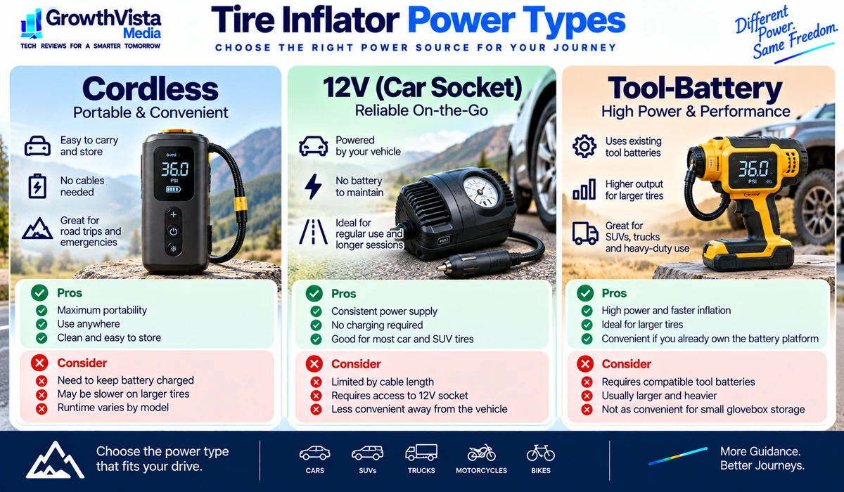 Cordless 12V and tool battery tire inflator comparison