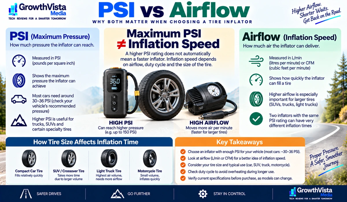 Portable tire inflator PSI vs airflow explained