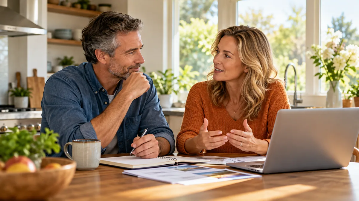 Natural photo of middle-aged couple discussing long-term goals at sunny kitchen table
