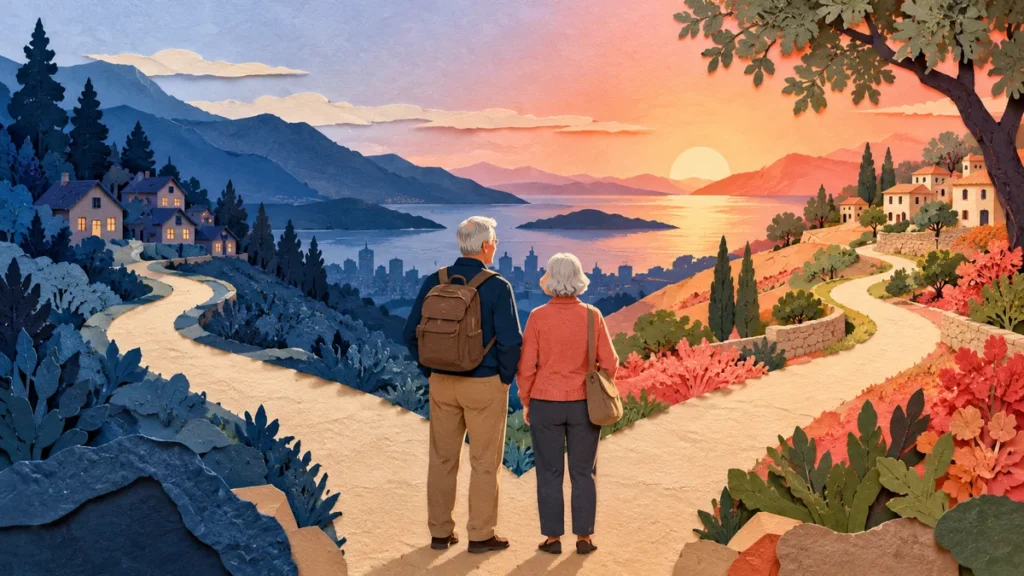 traditional vs Roth 401(k): Paper-cut editorial illustration of two retirement paths through a layered landscape, coral and indigo