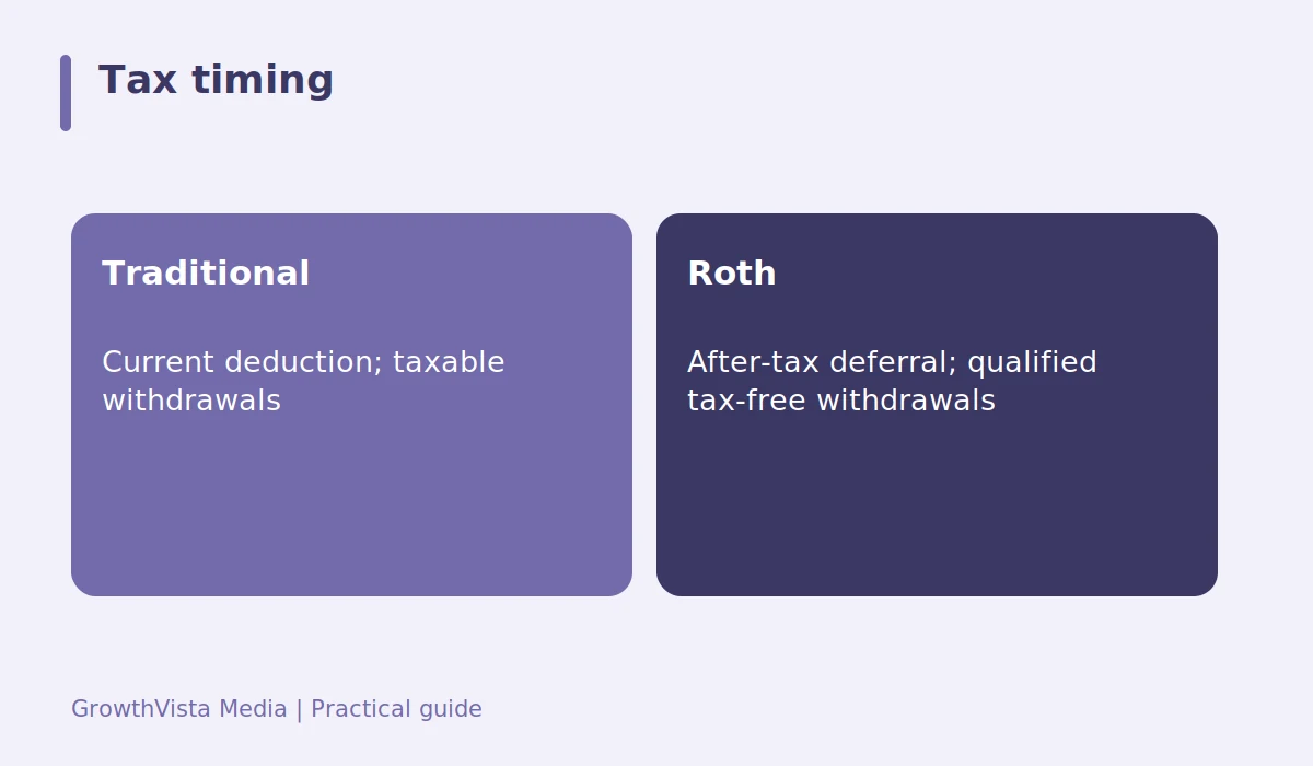 Tax timing: Traditional: Current deduction; taxable withdrawals; Roth: After-tax deferral; qualified tax-free withdrawals