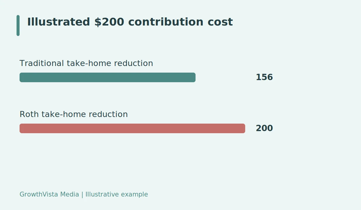 Illustrated $200 contribution cost: Traditional take-home reduction: 156; Roth take-home reduction: 200