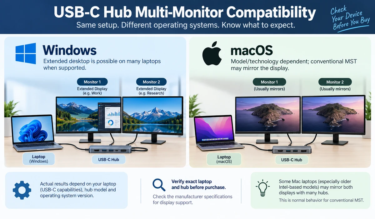 USB-C hub Windows versus Mac multi-monitor compatibility