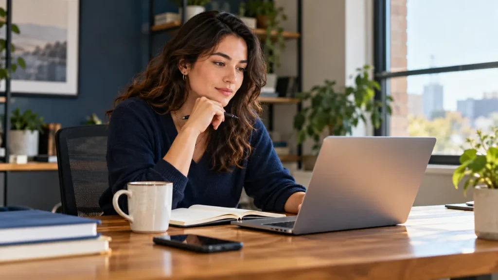 what is a 401(k): Candid workplace photo of young employee reviewing benefits at laptop, navy and warm wood