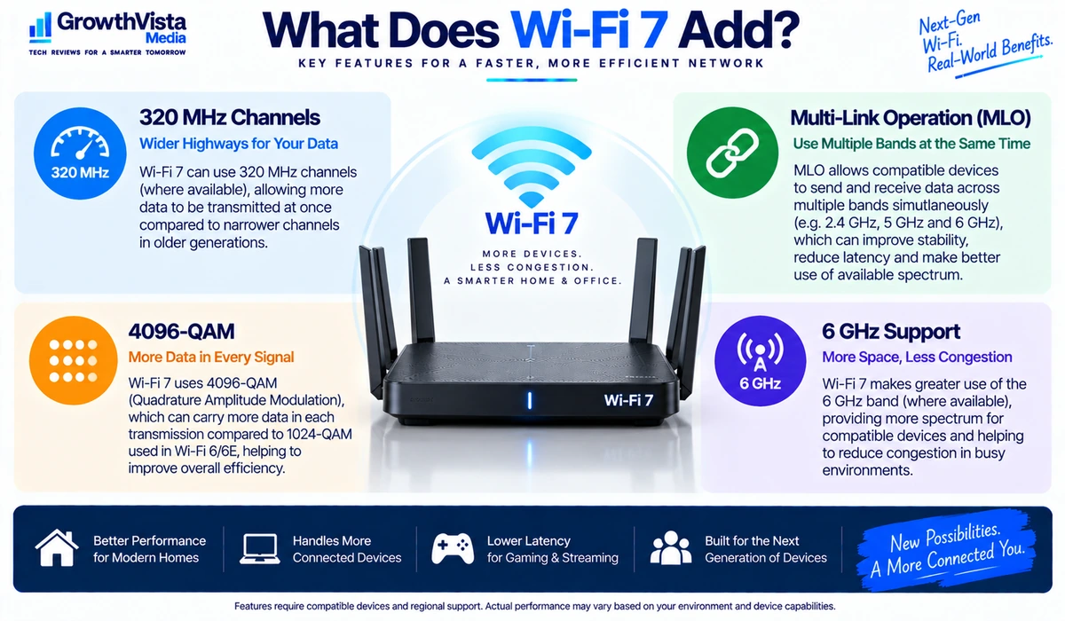 Wi-Fi 7 features including 320 MHz channels MLO and 6 GHz