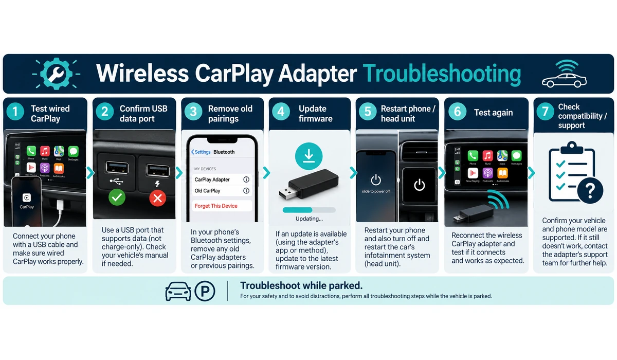 Wireless CarPlay adapter troubleshooting workflow