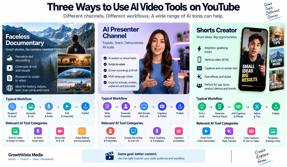 YouTube AI video creator types for faceless presenter and Shorts workflows