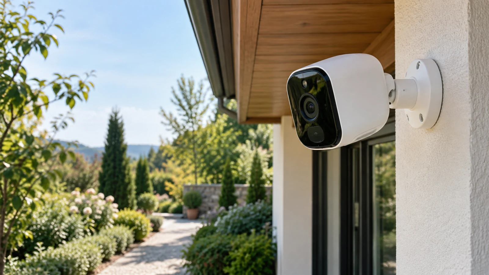 Close view of an outdoor camera under a sheltered eave with visible mounting bracket and a distant garden path