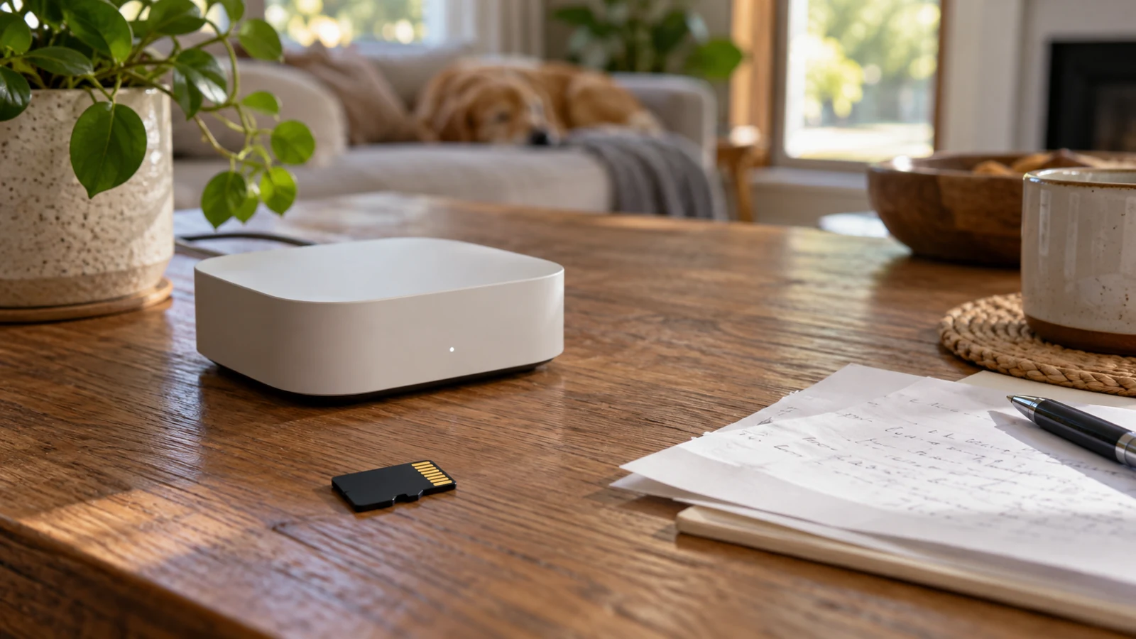 Still life of microSD card, small home recording hub and printed household notes on an oak table