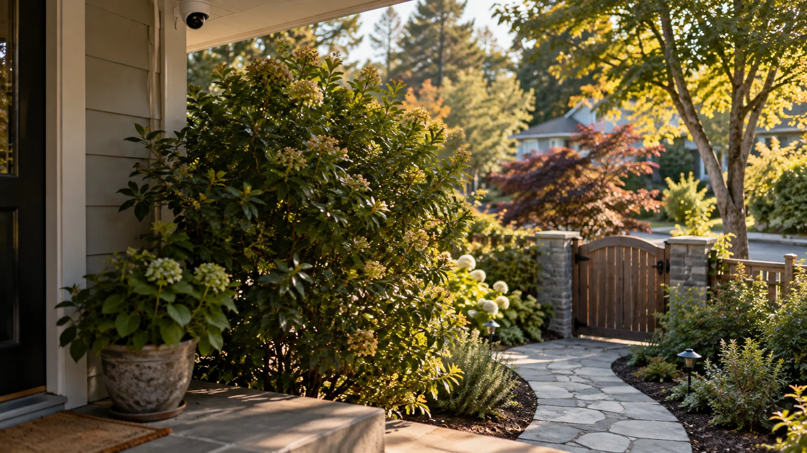 Garden gate and curved approach path viewed from porch level, realistic sightline partly obstructed by a shrub, camera small in corner, no surveillance view of neighbors