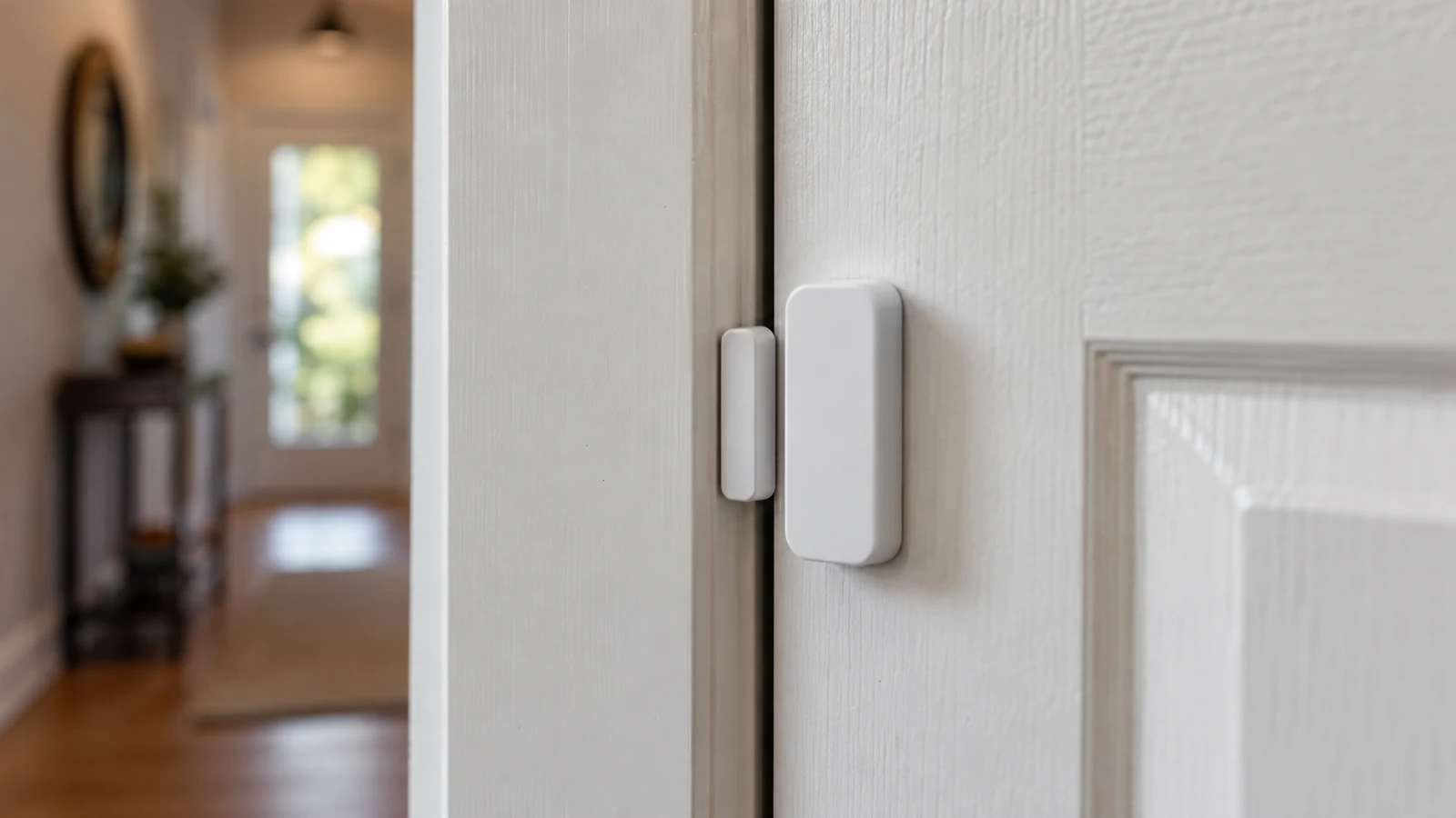 Close editorial macro photo of generic two-piece contact sensor aligned on a closed interior door and frame, realistic small gap, uncluttered neutral hallway