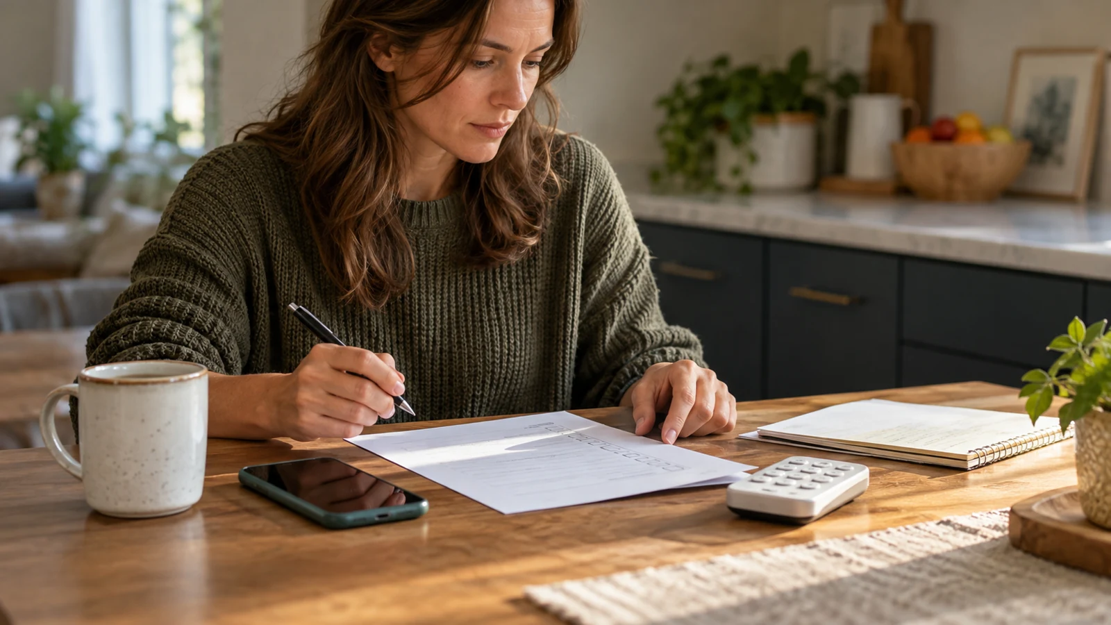 Unposed editorial photo of an adult reviewing a household contact checklist next to phone and small keypad on a kitchen table