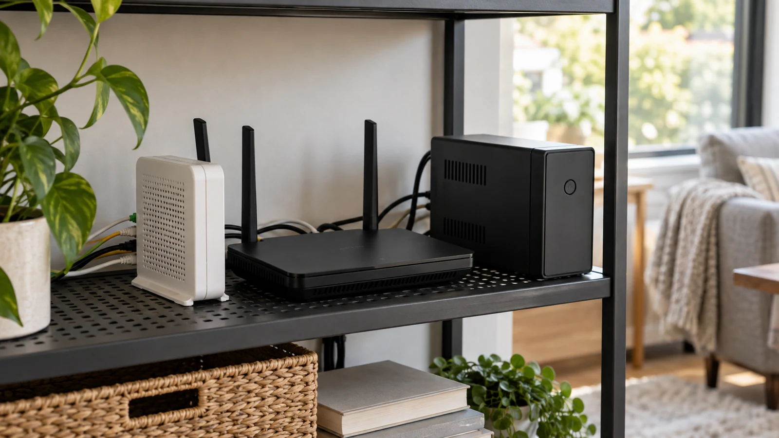 Clean product-style editorial still life of generic router, optical network terminal and small UPS with tidy cables on ventilated shelf