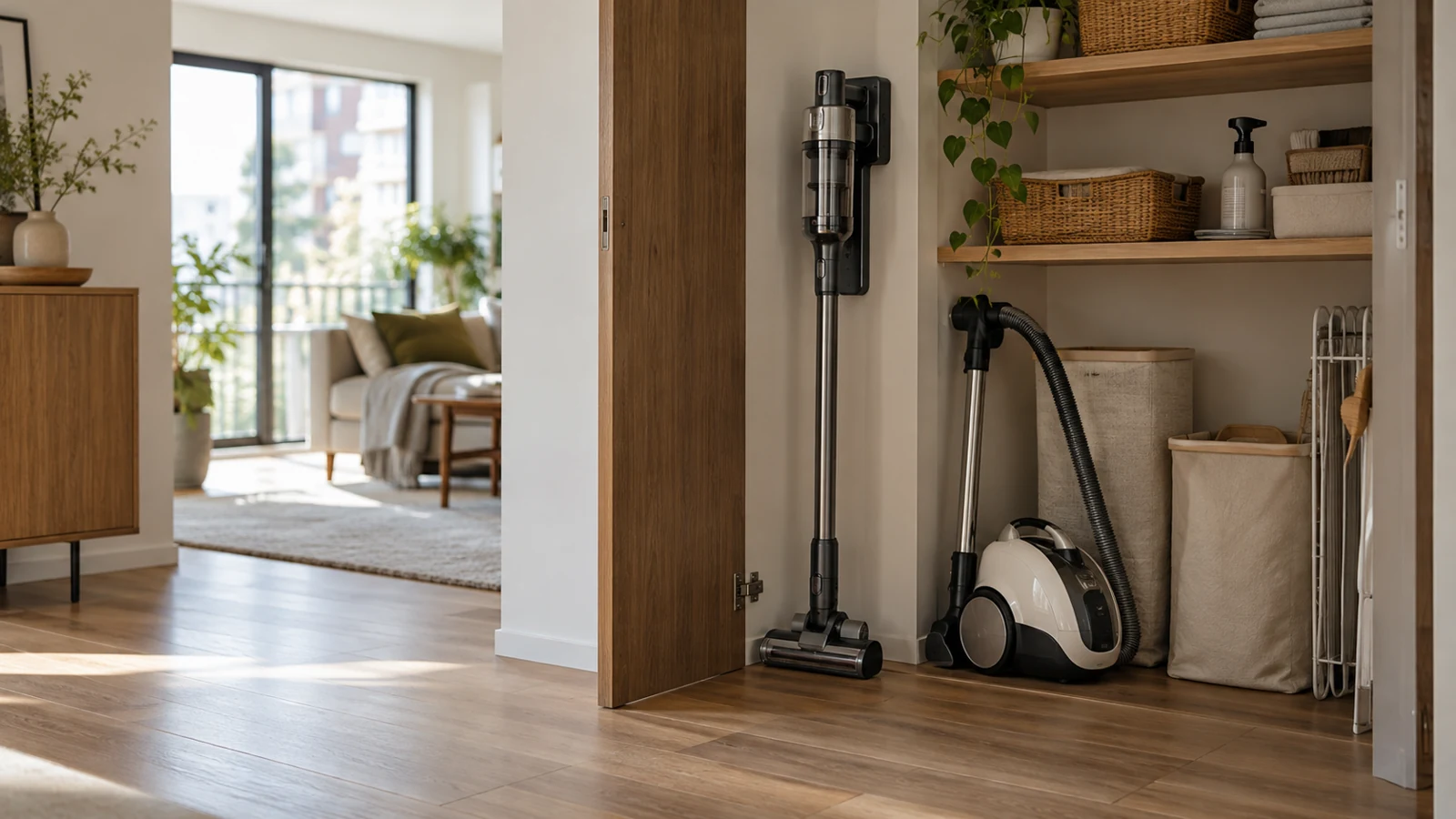 View of tidy apartment storage nook with unbranded charging stick vacuum and small canister vacuum nearby, realistic cable management, no text.