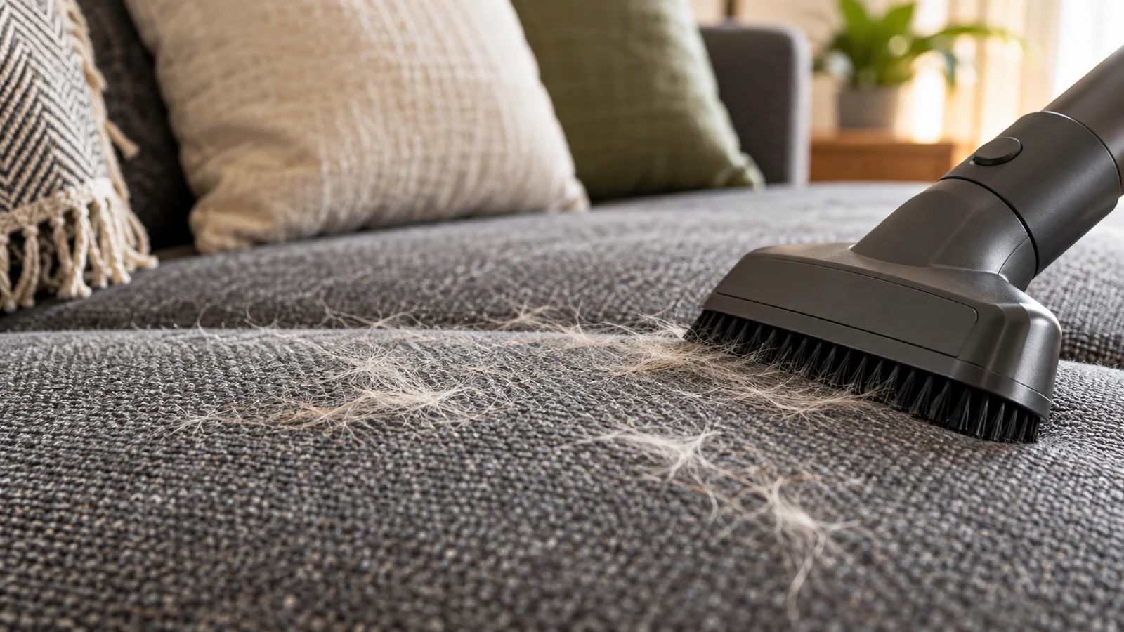 Close editorial photograph of pet hair caught on textured sofa fabric and unbranded compact upholstery brush beside it