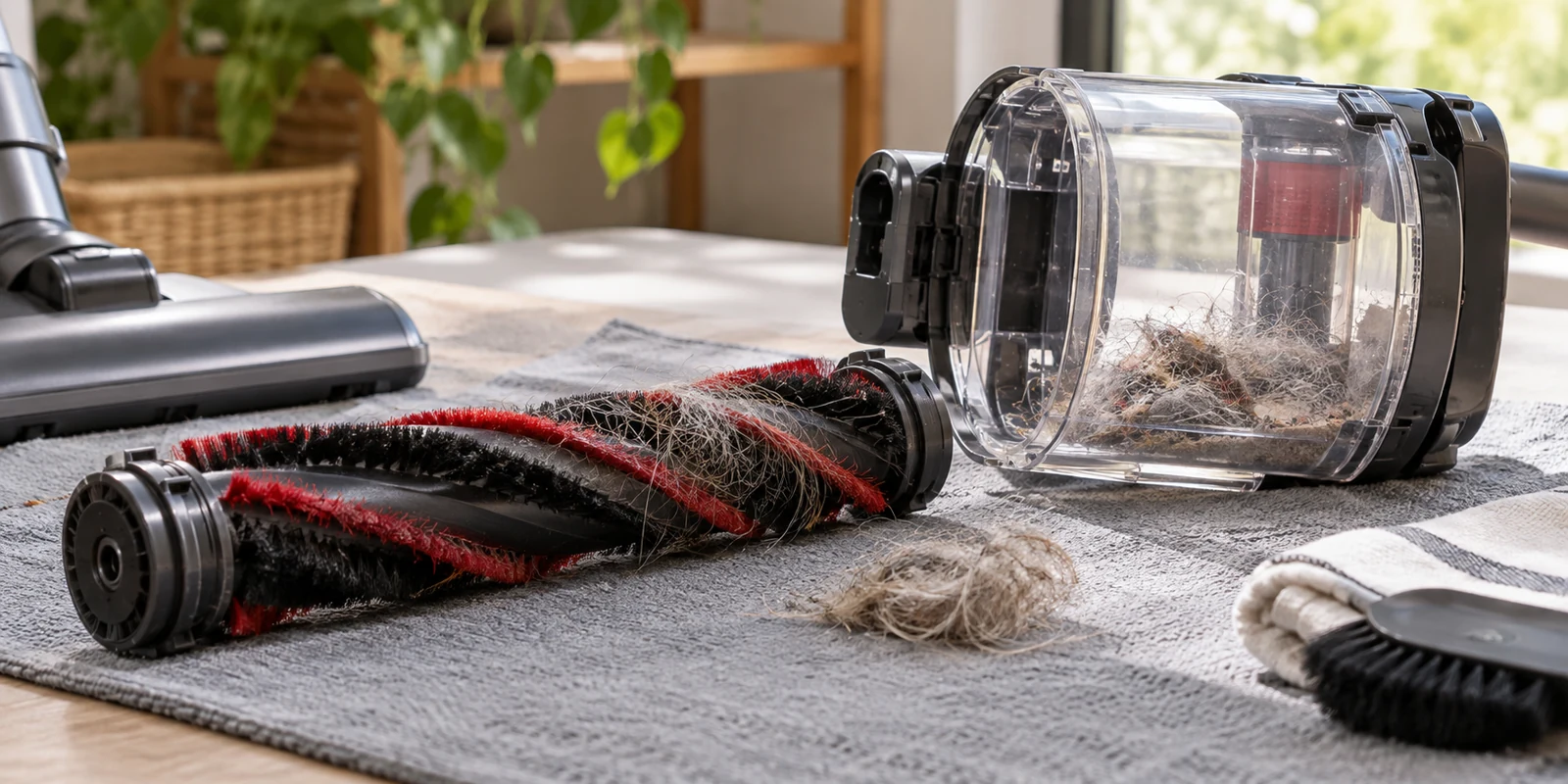 Editorial macro still life of dry brush roller with small hair tangle beside removable dustbin on clean work mat