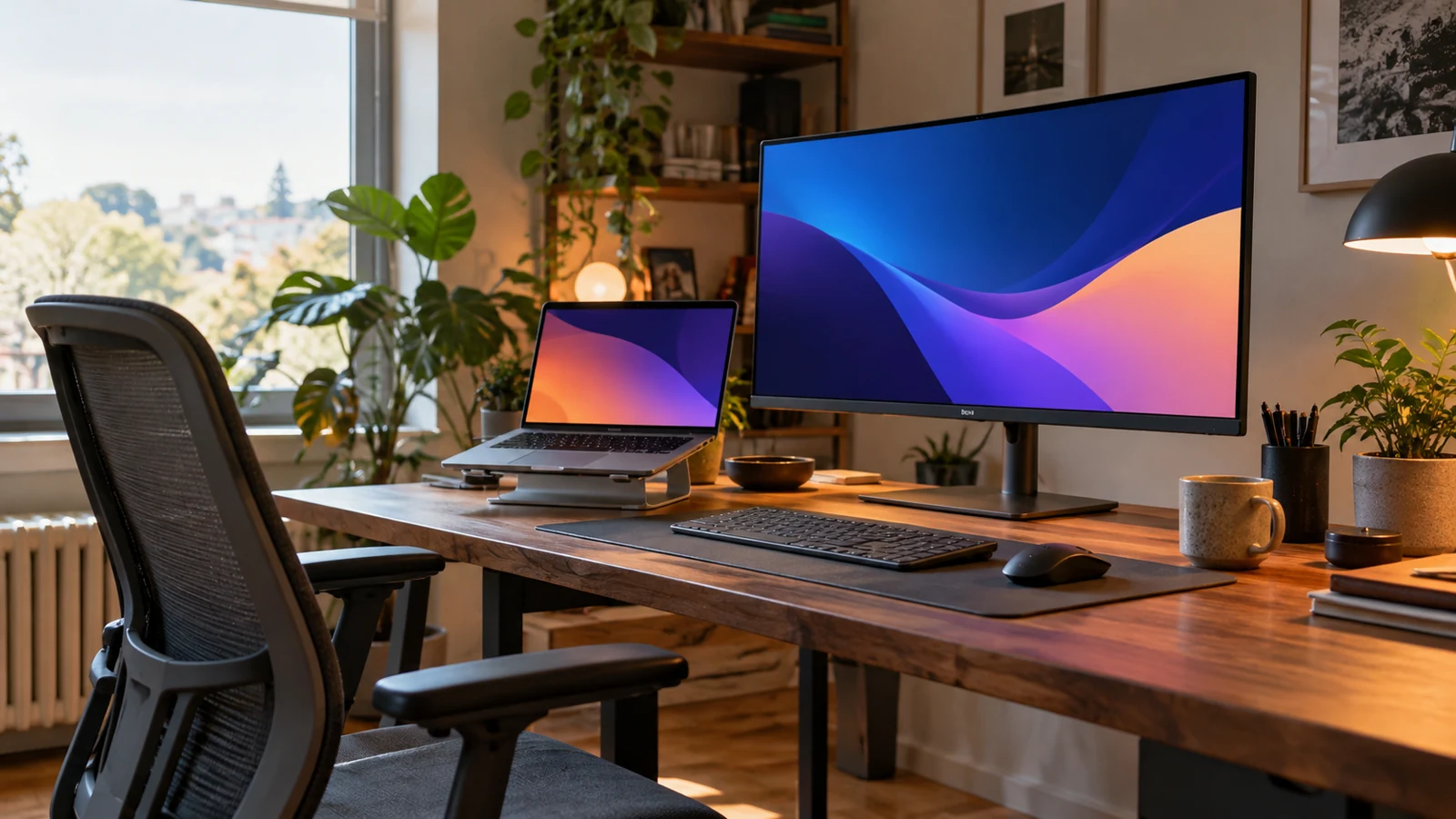 Separate editorial side-angle home office photo with single large monitor, laptop on stand and keyboard, realistic viewing space and soft window light